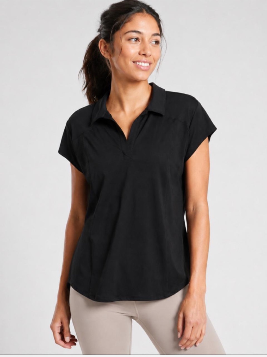 Athleta Black Short-Sleeve Polo V-Neck Top